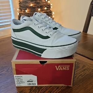 Vans Old Skool White and Dark Green Platform Sneakers